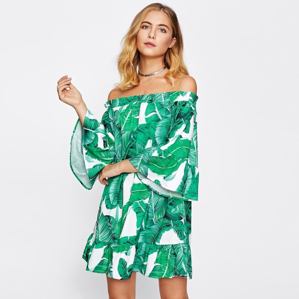 

Frill Off Shoulder Jungle Print Dress, Multicolor