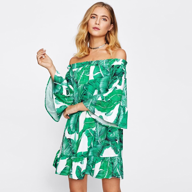 

Frill Bardot Jungle Print Dress, Multicolor