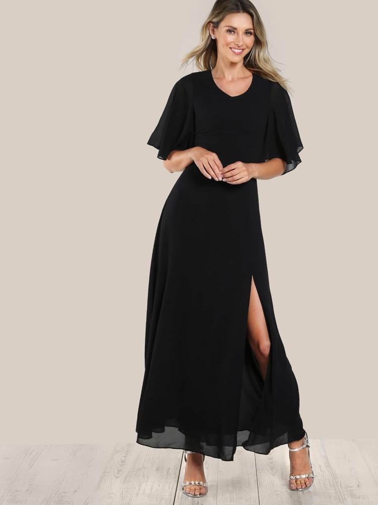 SHEIN Tie Up Open Back Flutter Sleeve Slit Dress - Black - View 3