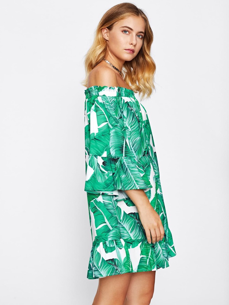 Frill Bardot Jungle Print Dress - Multicolor - View 3