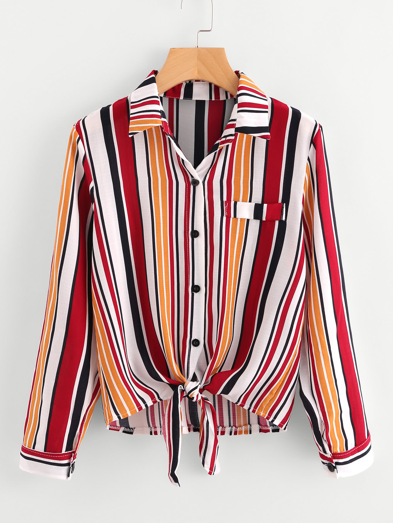 

Roll Tab Sleeve Knotted Hem Striped Shirt, Multicolor