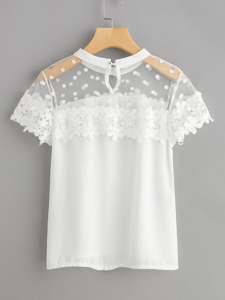 Dot Mesh Panel Crochet Appliques Blouse - White - View 2