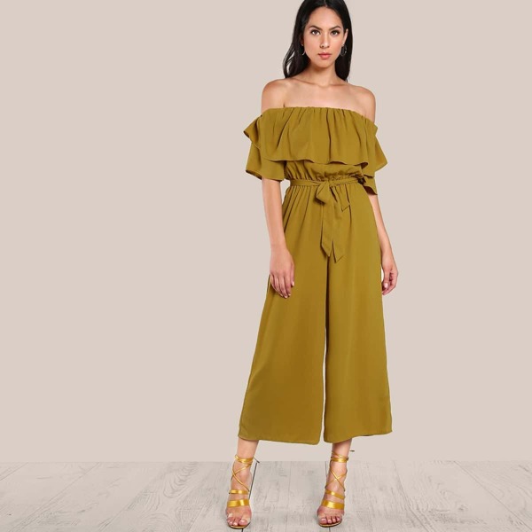 

Flounce Off Shoulder Self Tie Culotte Jumpsuit