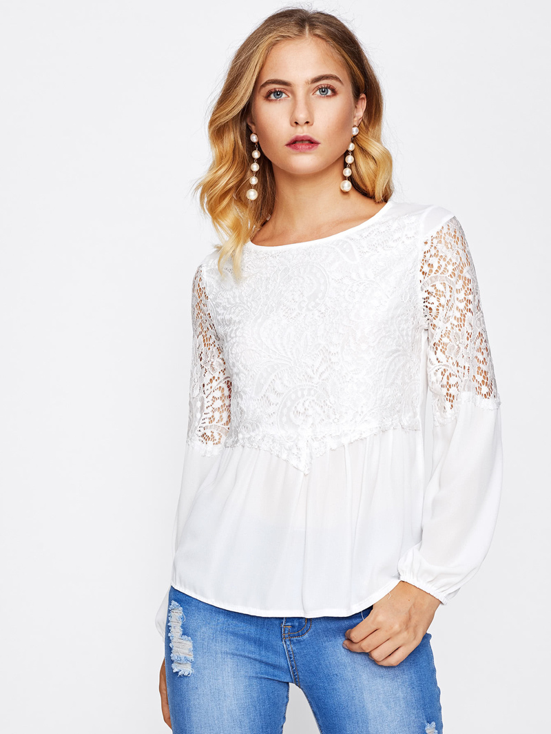 

Hollow Out Lace Panel Blouse, White