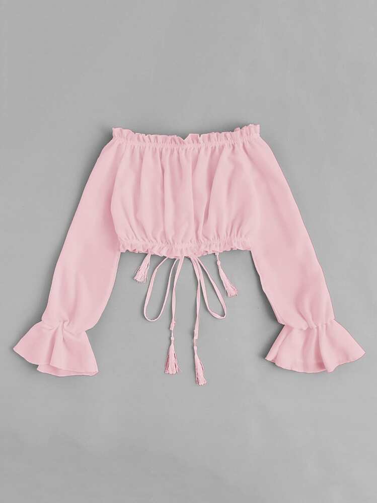 Off Shoulder Drawstring Split Front Blouse - Pink - View 2