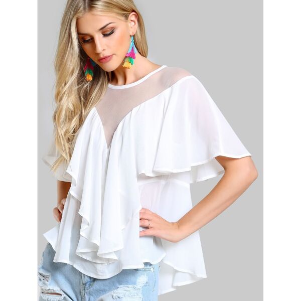 

Mesh Cut Out Flounce Top, White