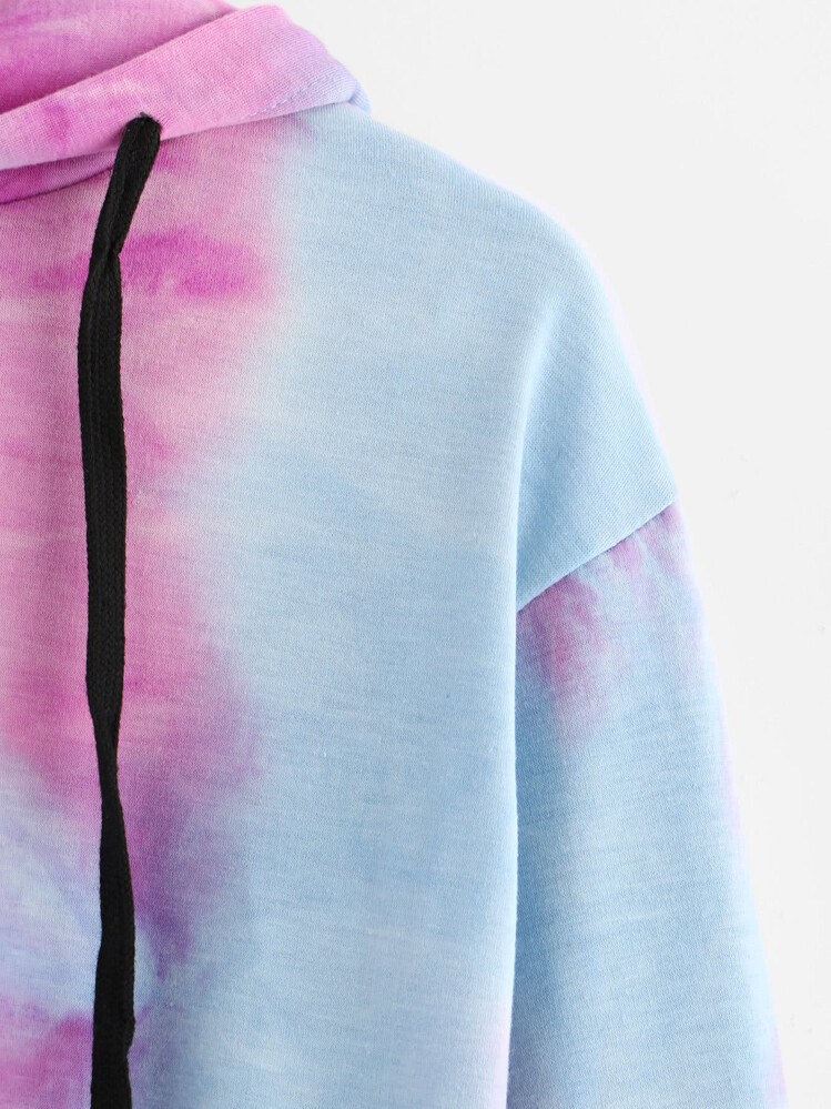 Tie-Dye Cropped Drawstring Hoodie - Multicolor - View 3