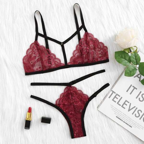 

Scallop Lace Harness Bra And Pantie Lingerie Set