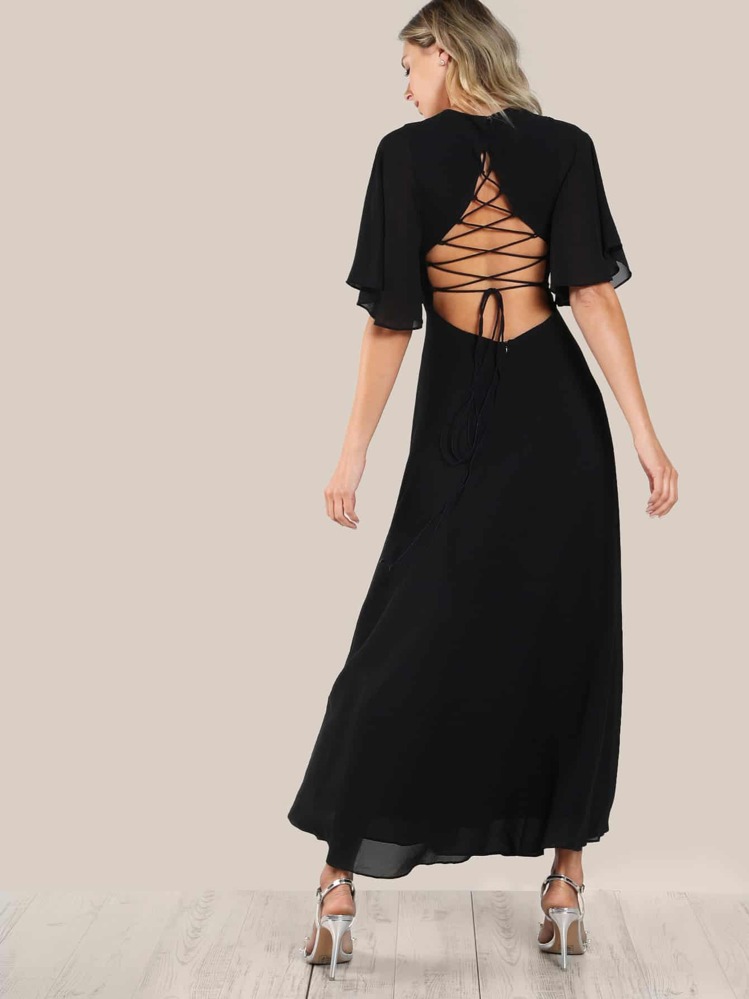 SHEIN Tie Up Open Back Flutter Sleeve Slit Dress - Black - View 1