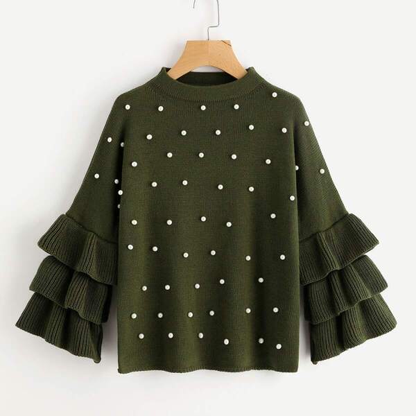 

Pearl Beading Tiered Ruffle Sleeve Sweater, Army green