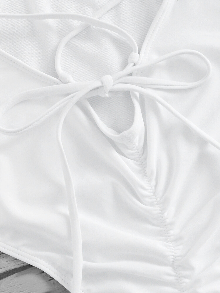 Criss Cross Ruched Detail One Piece Swimwear - White - View 5