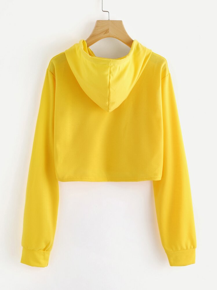 Drawstring Hooded Crop Sweatshirt - Mustard Yellow - View 2