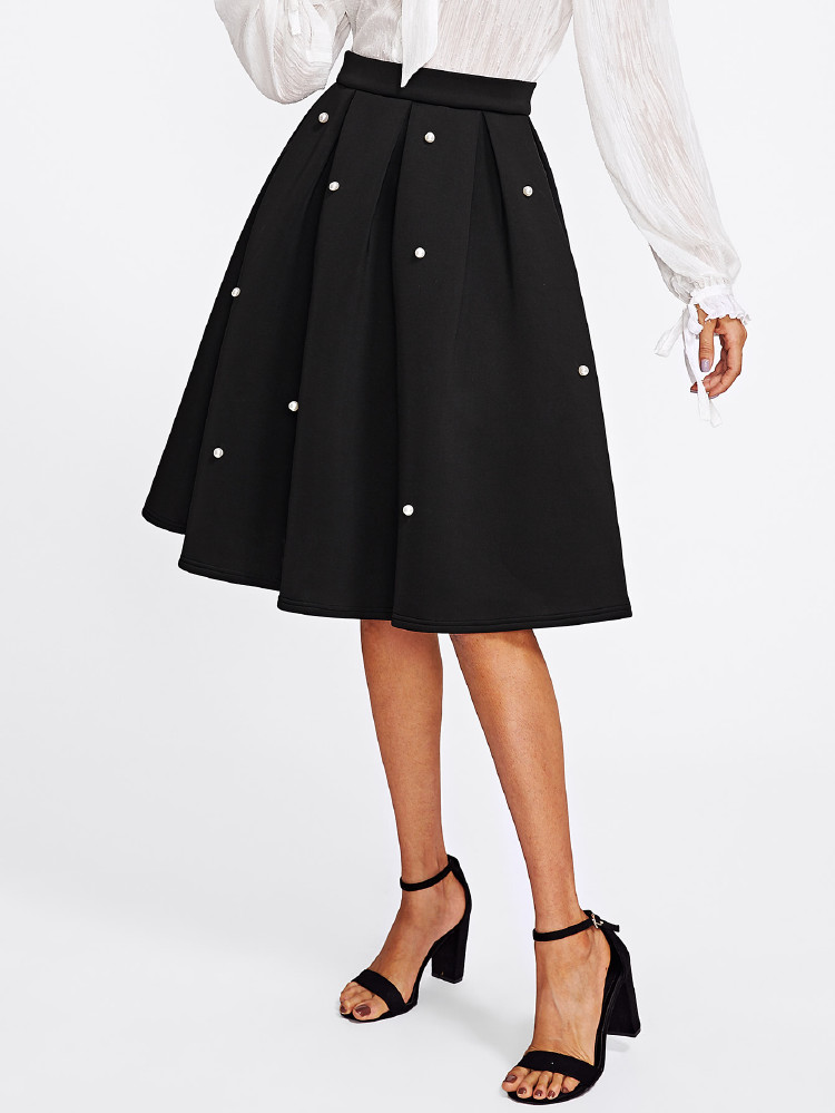 SHEIN Pearl Embellished Boxed Pleated Circle Skirt - Black - View 1