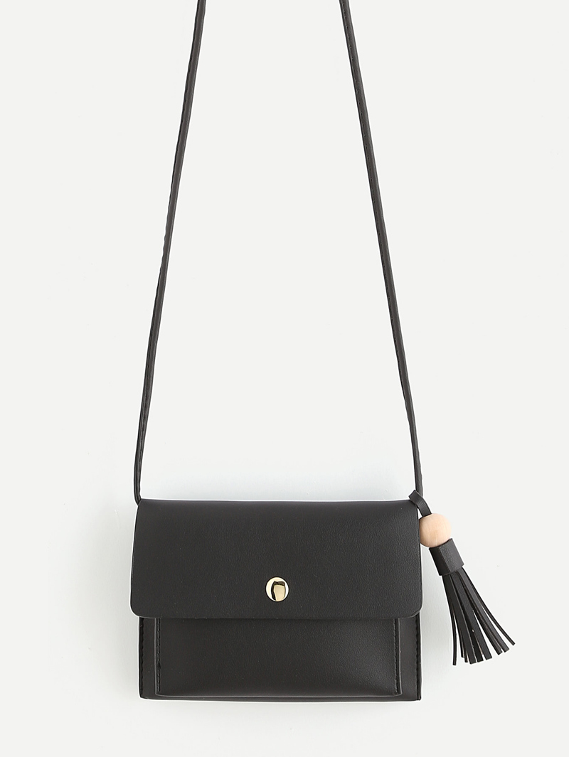 

Tassel Detail PU Flap Cross Body Bag, Black