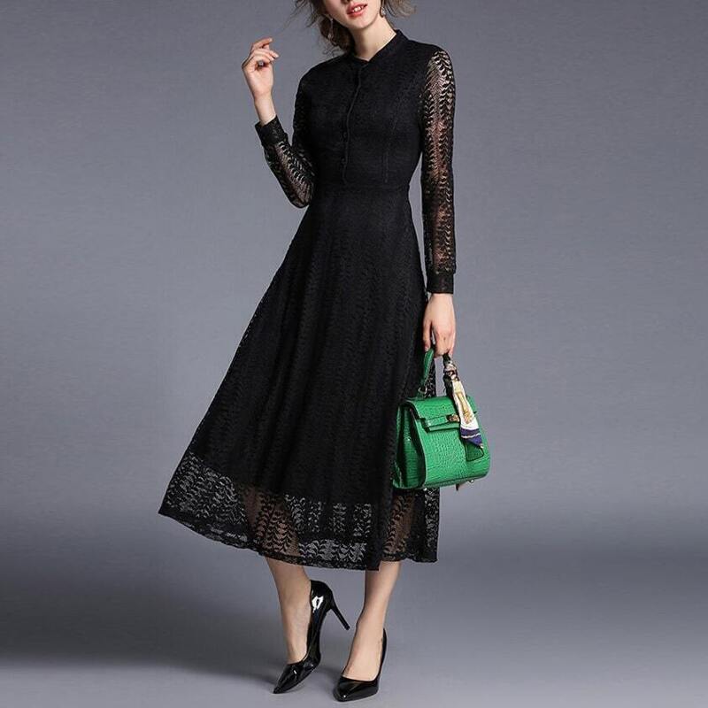 

Hollow Out Sheer Lace Shirt Dress, Black