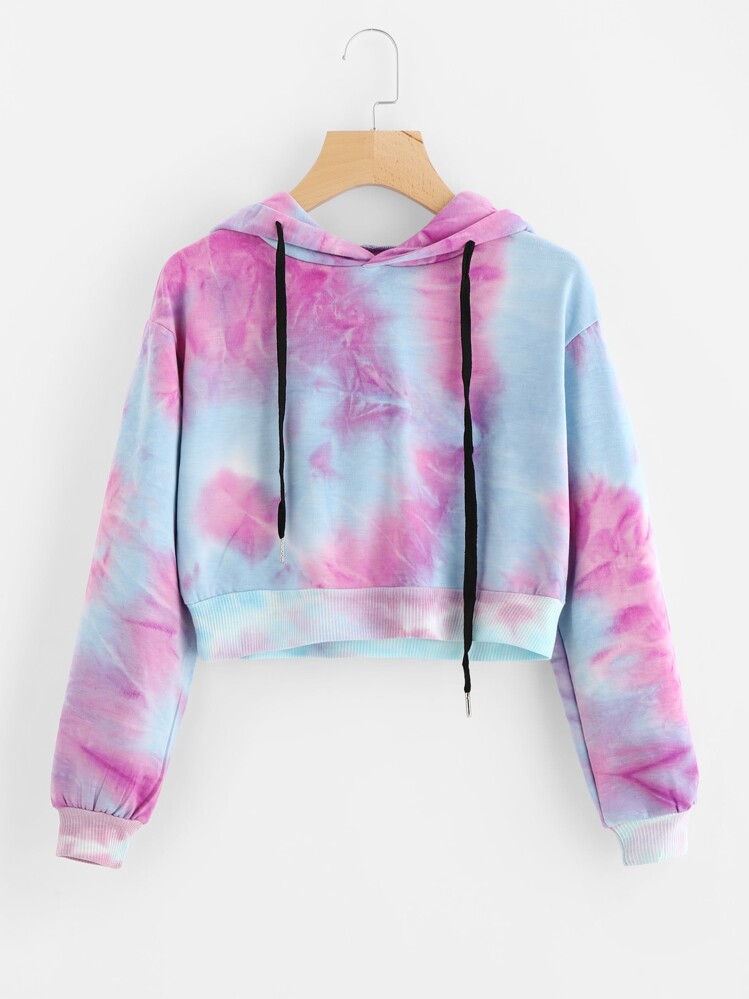 Tie-Dye Cropped Drawstring Hoodie - Multicolor - View 1