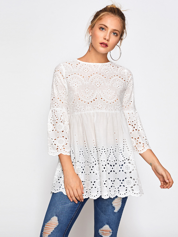 SHEIN Eyelet Embroidered Scallop Trim Smock Blouse - White - View 1