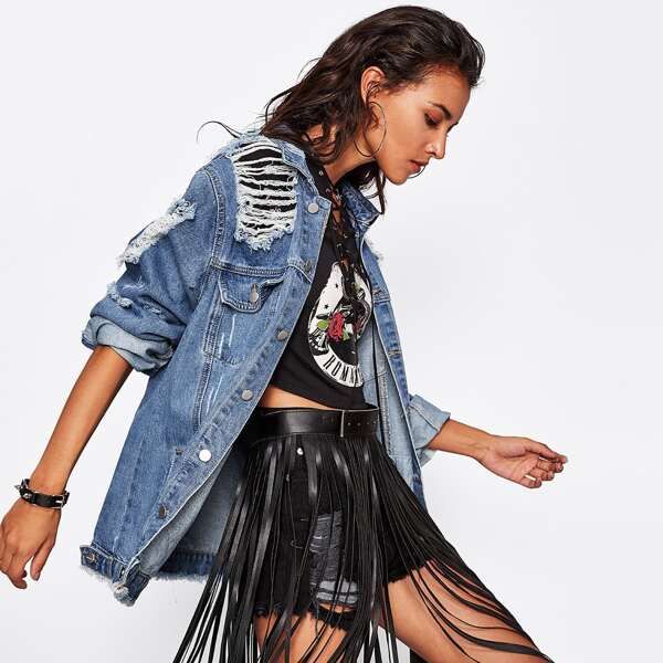 

Destroyed Boyfriend Denim Jacket, Blue