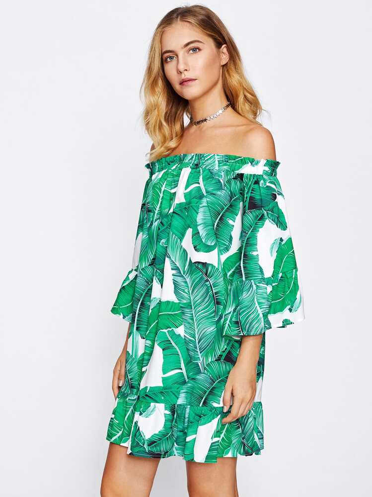 Frill Bardot Jungle Print Dress - Multicolor - View 2
