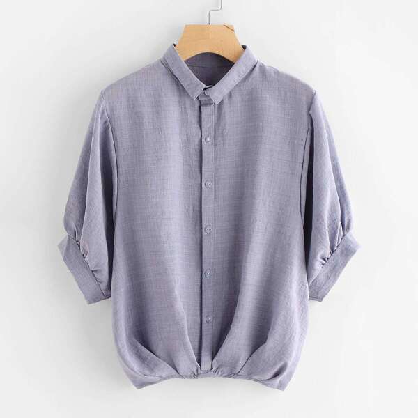 

Gathered Hem Button Front Shirt, Blue