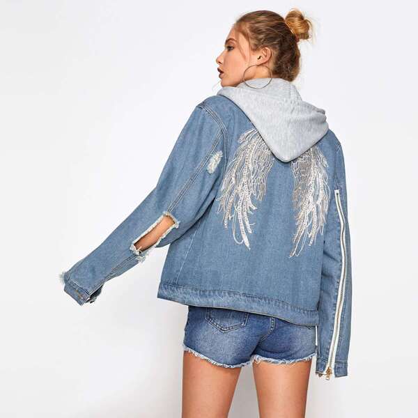 

Wings Embroidered Back Hooded Denim Jacket