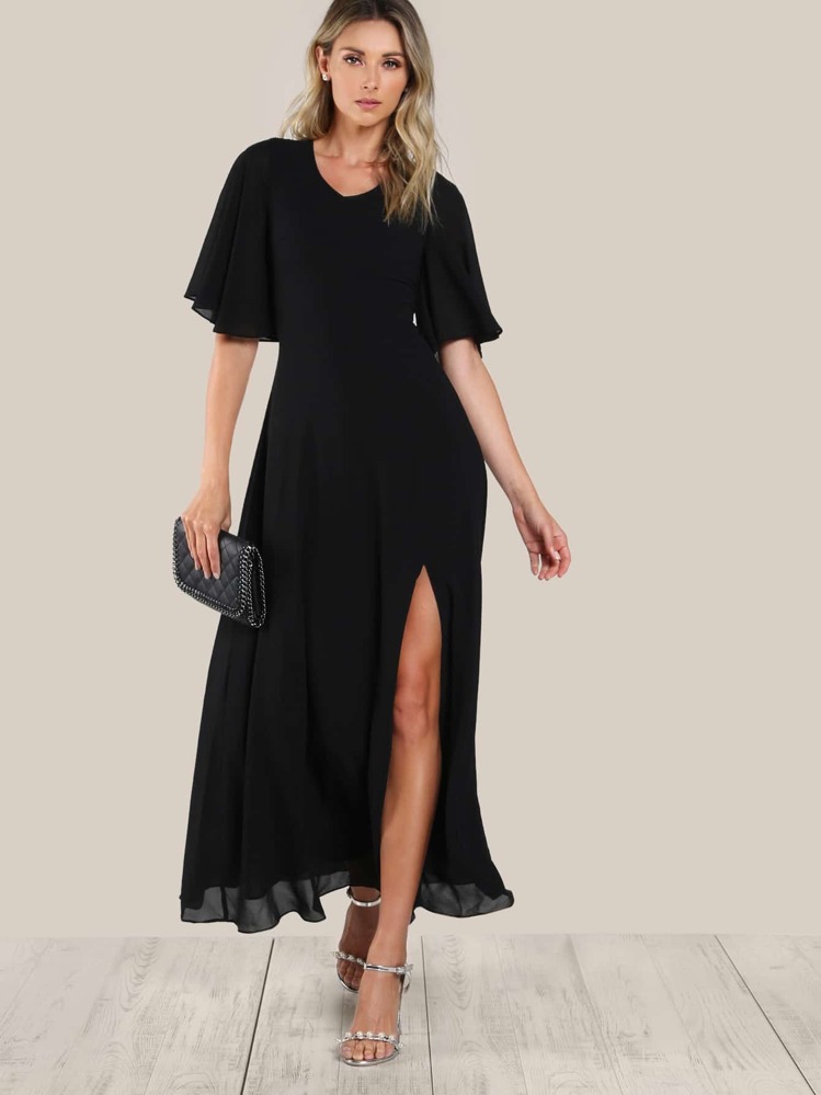 SHEIN Tie Up Open Back Flutter Sleeve Slit Dress - Black - View 5