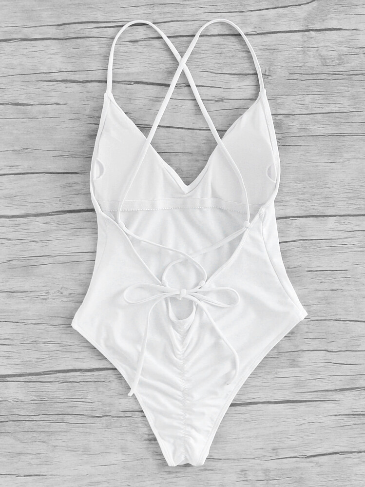 Criss Cross Ruched Detail One Piece Swimwear - White - View 2