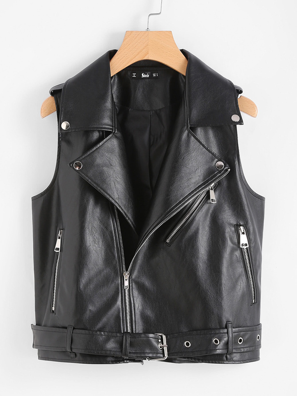 Belted Hem Faux Leather Sleeveless Biker Jacket