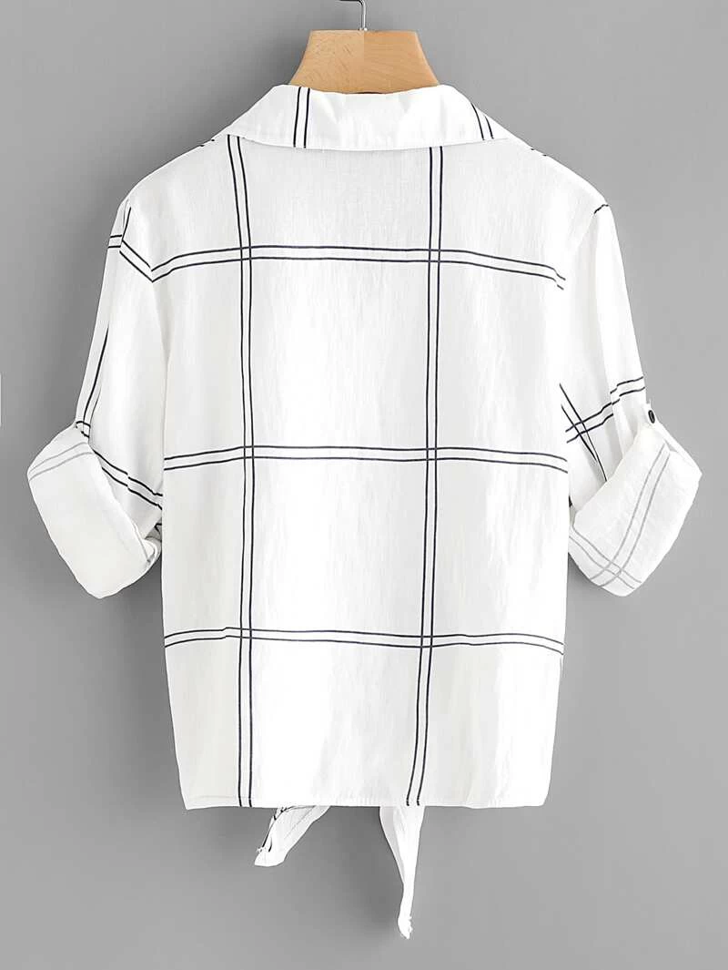 Bluse mit hochgekrempelten Ärmeln Karo Muster und Knöpfen und Knoten vorne Bluse mit hochgekrempelten Ärmeln Karo Muster und Knöpfen und Knoten vorne