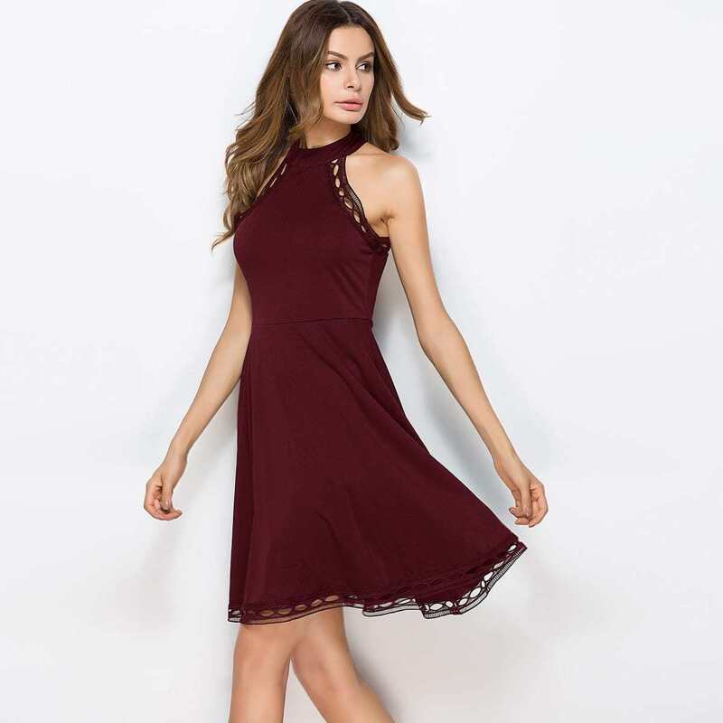 

Hollow Out Trim Halter Skater Dress, Burgundy