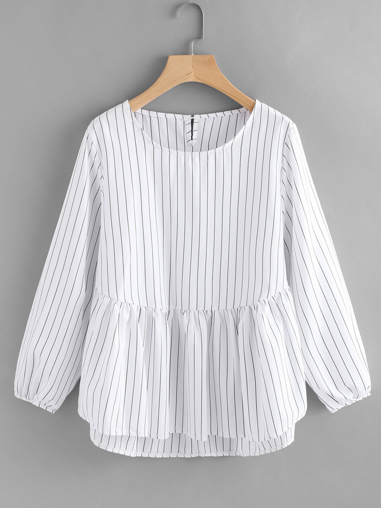 Frill Hem High Low Pinstriped Blouse - Black and White - View 1
