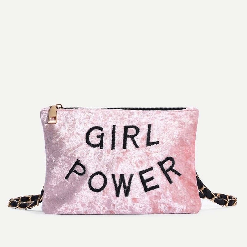 

Letter Embroidered Velvet Crossbody Bag, Pink