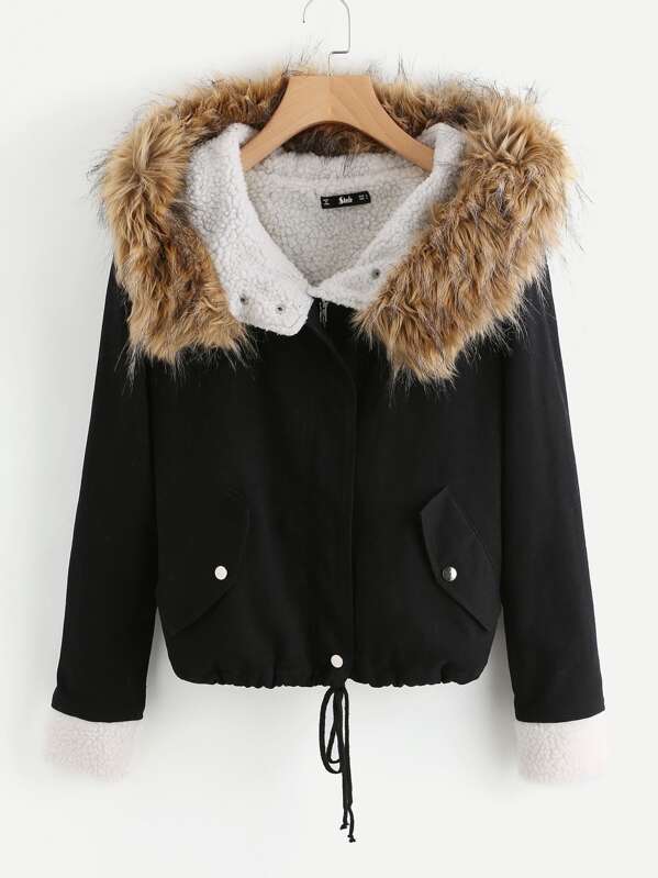 

Fleece Lined Jacket With Faux Fur Trim Hood, Black