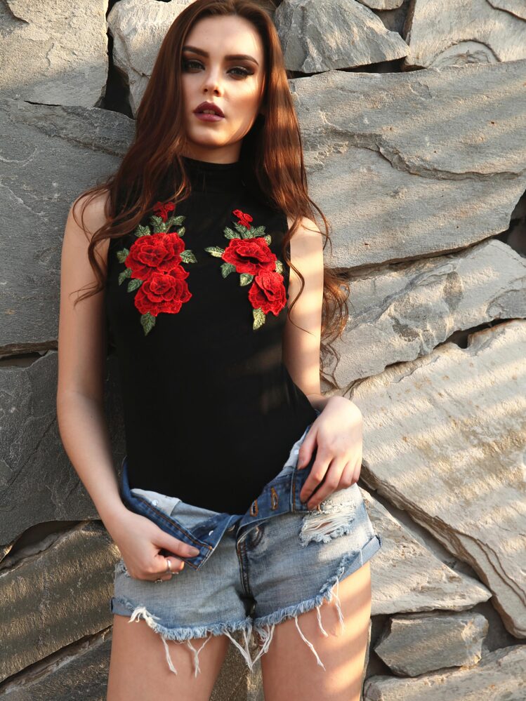 刺繡透膚網塑身衣 - 黑色 - 查看 1