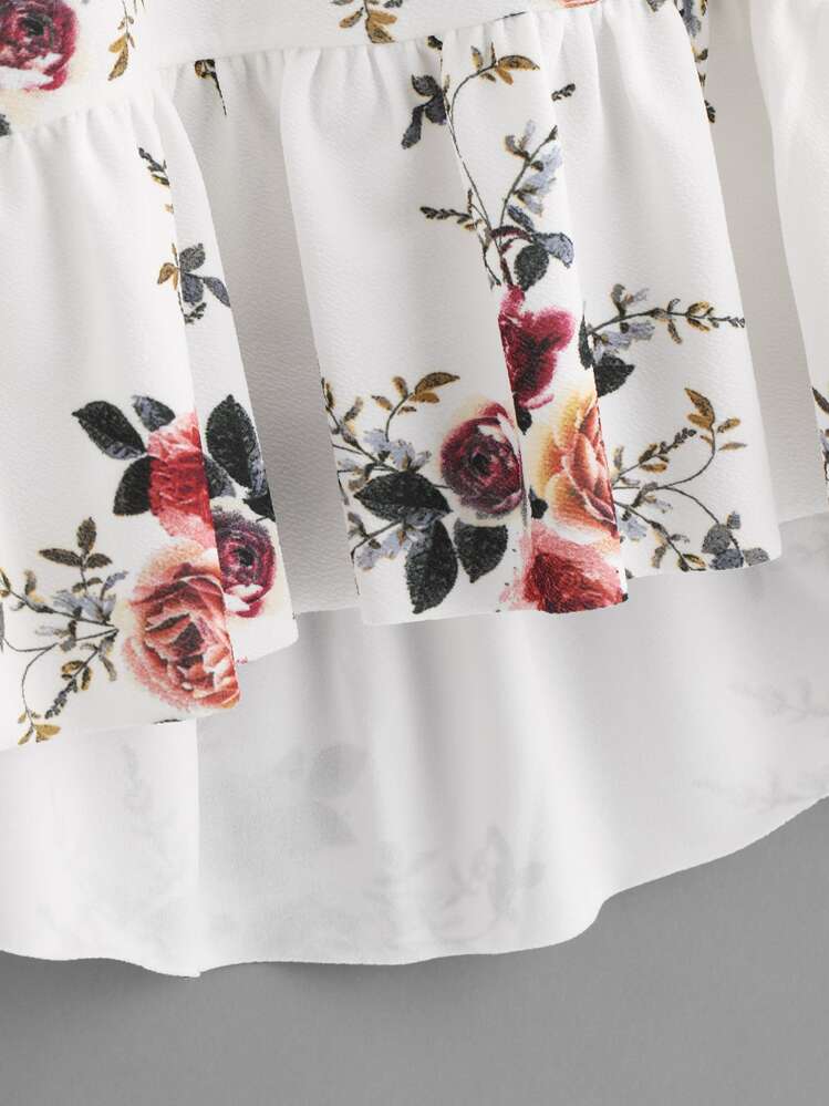 SHEIN Raglan Sleeve Ruffle Dip Hem Floral Blouse - Multicolor - View 3