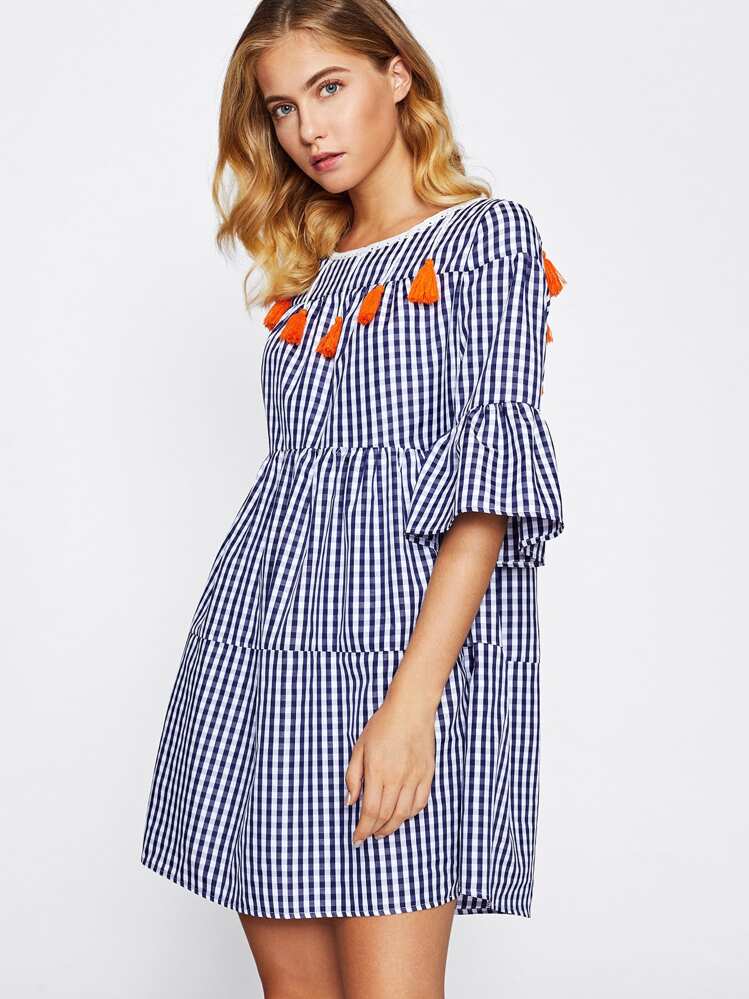 SHEIN Tassel Tied Open Back Tiered Gingham Dress - Blue - View 4