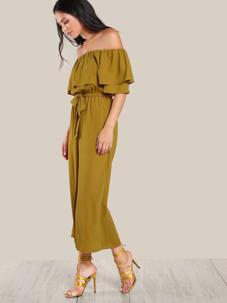 SHEIN Ruffle Off Shoulder Self Tie Culotte Jumpsuit - Mustard Yellow - View 2