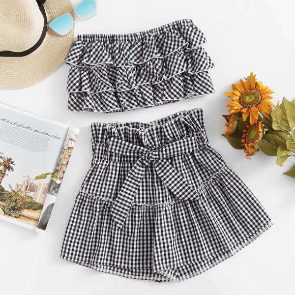 

Gingham Print Tiered Layer Top With Tie Front Shorts, Black and white