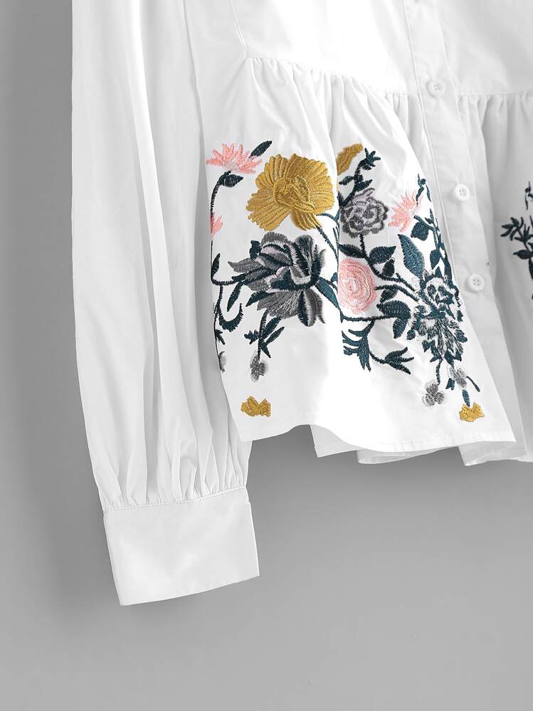SHEIN Flower Embroidered Smock Blouse - White - View 4