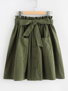 Frill Waist Pocket Front Buttoned Utility Skirt