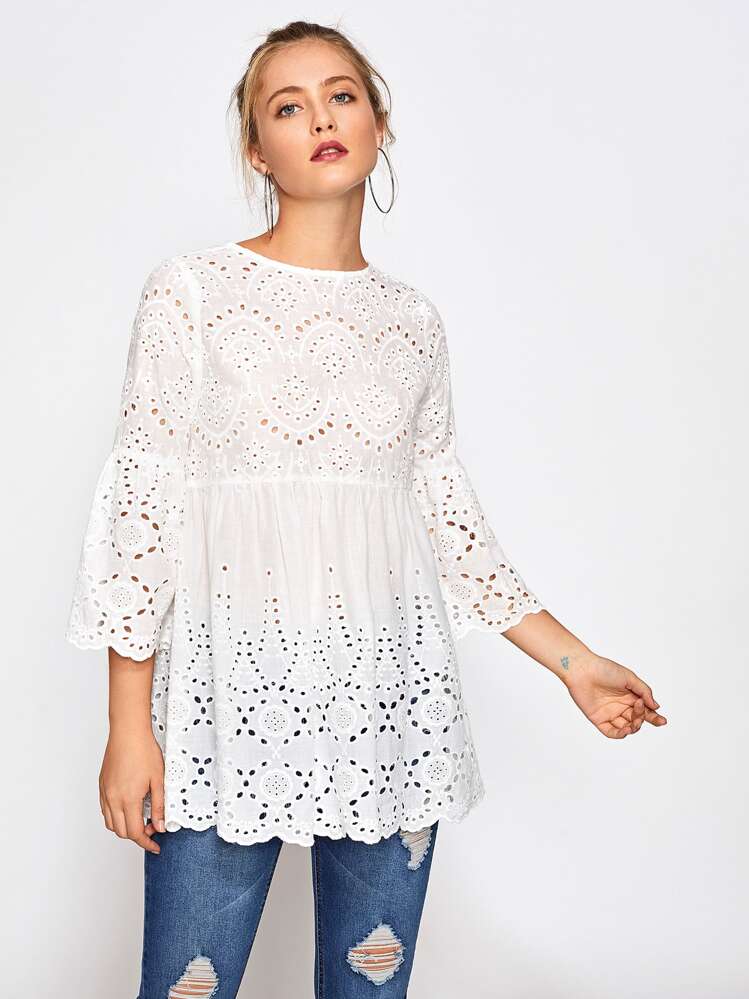 SHEIN Eyelet Embroidered Scallop Trim Smock Blouse - White - View 2