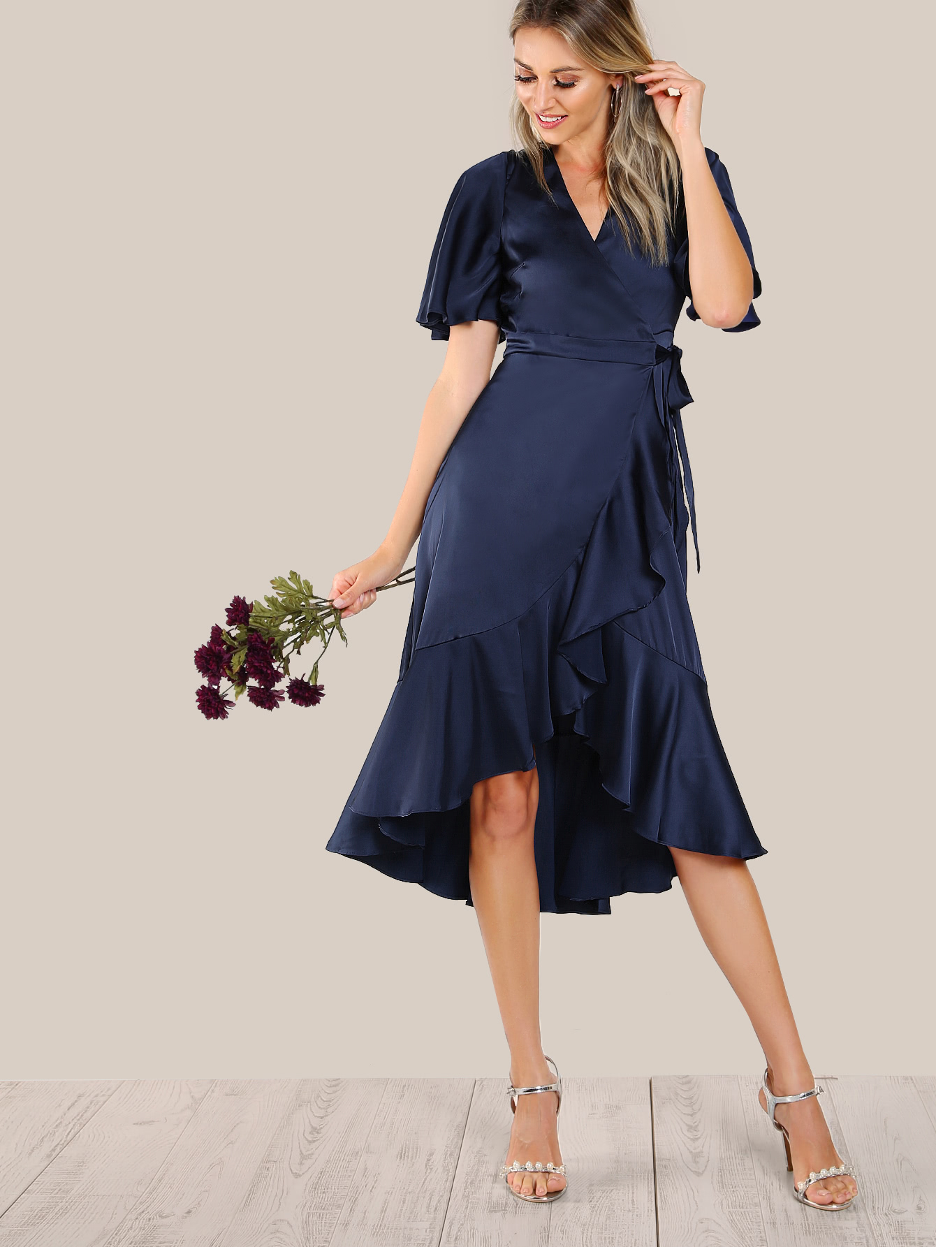 Ruffle Hem Satin Wrap Tie Dress -SheIn(Sheinside)