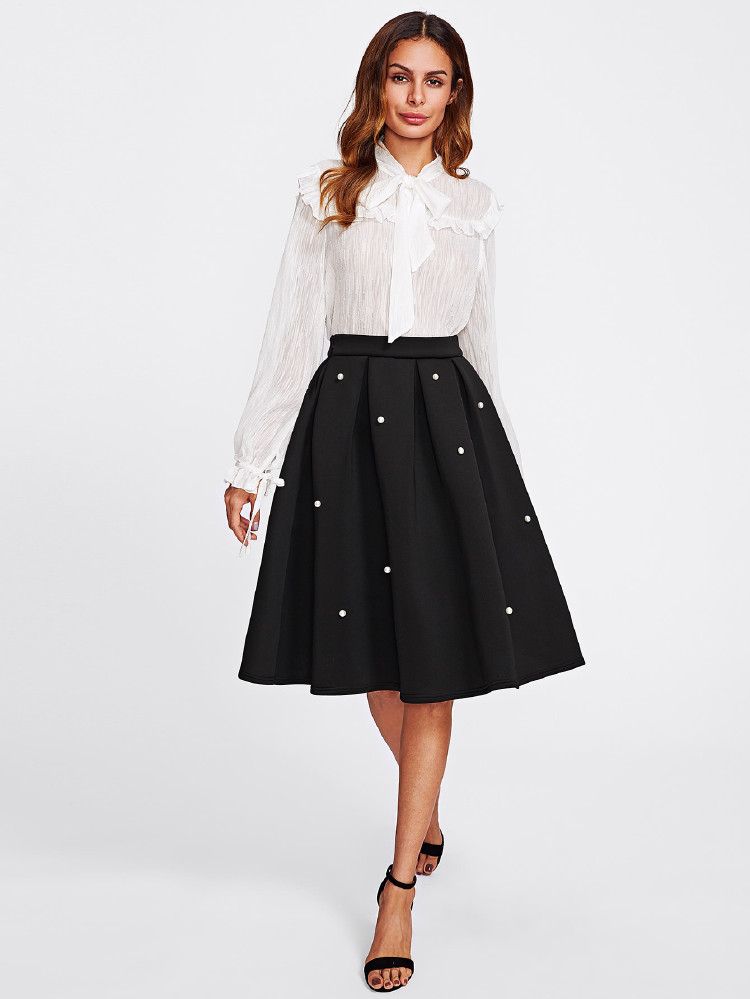 SHEIN Pearl Embellished Boxed Pleated Circle Skirt - Black - View 2