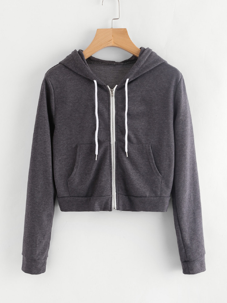 SHEIN Heathered Knit Cropped Zip-Up Hoodie - Dark Grey - View 1