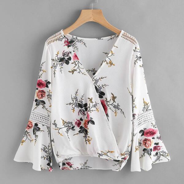 

Botanical Print Lace Panel Surplice Top, Multicolor
