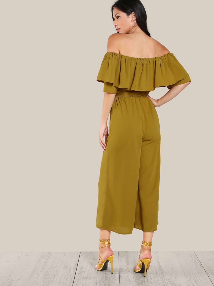 SHEIN Ruffle Off Shoulder Self Tie Culotte Jumpsuit - Mustard Yellow - View 3