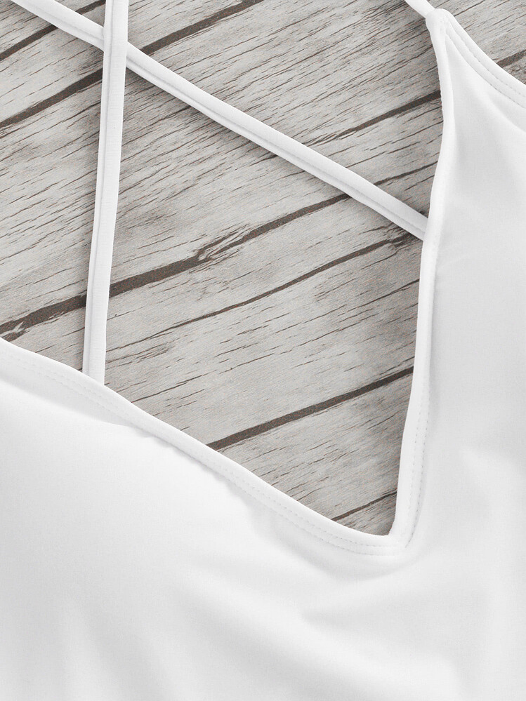 Criss Cross Ruched Detail One Piece Swimwear - White - View 4