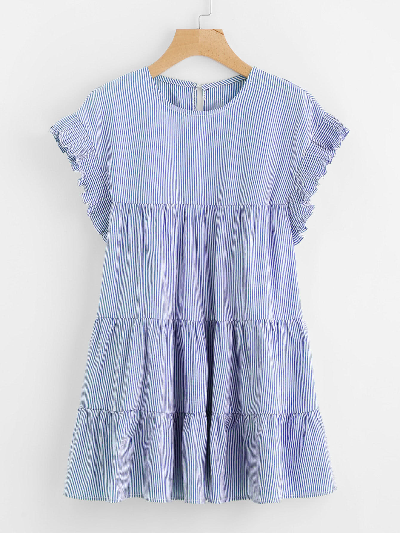 

Vertical Striped Tiered Peasant Frill Dress, Blue