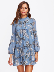 Frill Detail Bishop Sleeve Tiered Botanical Dress