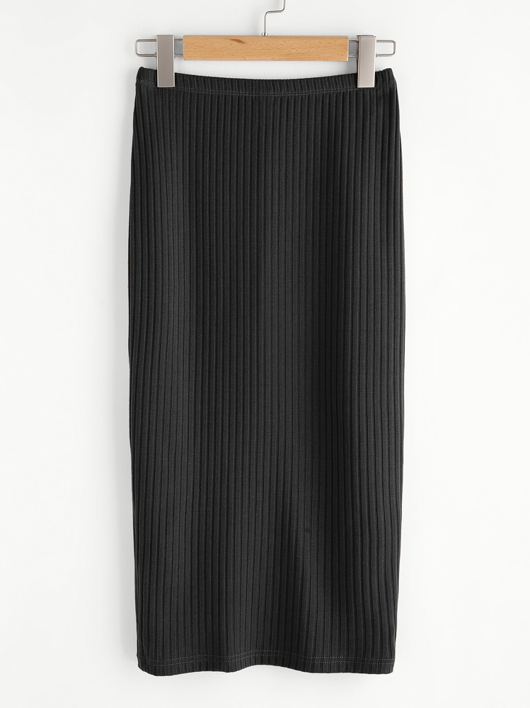 SHEIN Essnce Vented Back Rib Knit Skirt - Black - View 1